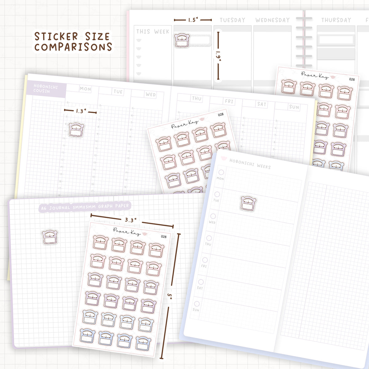 Sticker size comparisons against existing different sized planners.