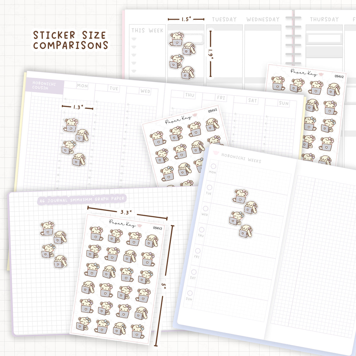 Sticker size comparisons against existing different sized planners.
