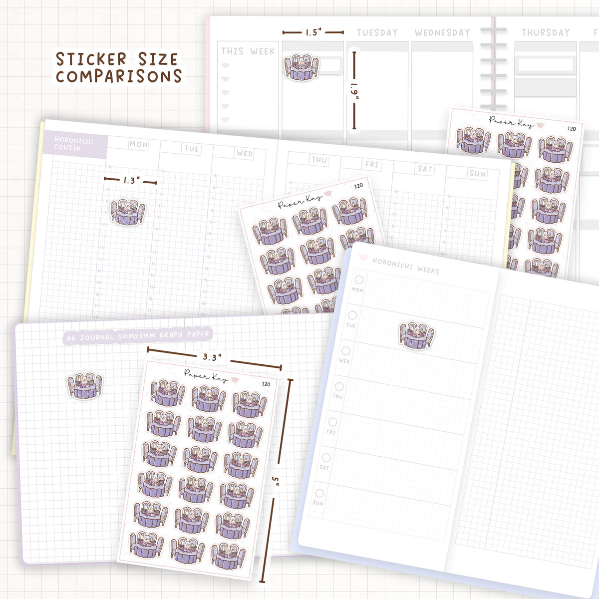 Sticker size comparisons against existing different sized planners.
