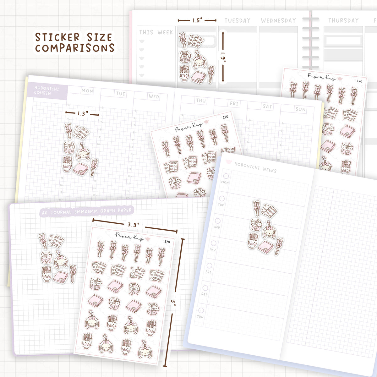 Sticker size comparisons against existing different sized planners.