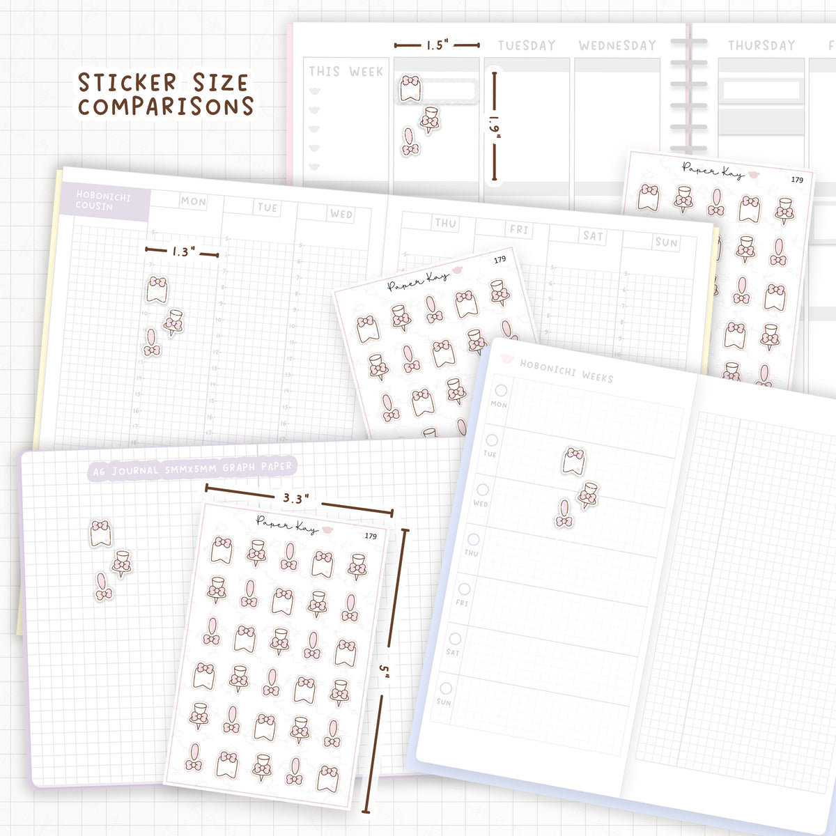Sticker size comparisons against existing different sized planners.