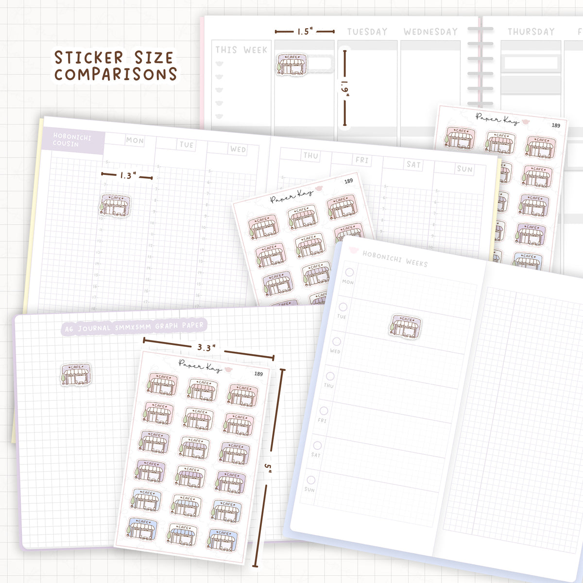 Sticker size comparisons against existing different sized planners.