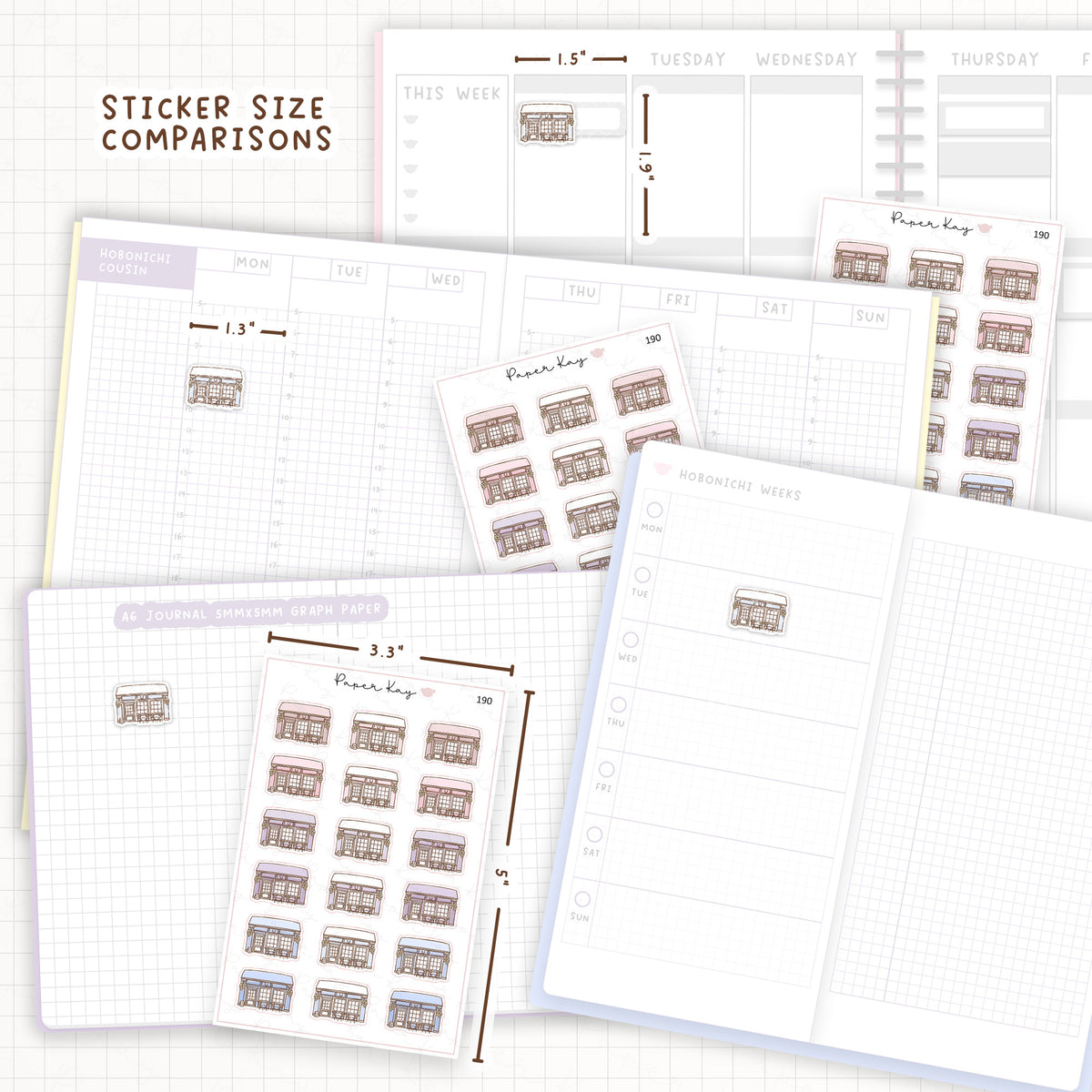 Sticker size comparisons against existing different sized planners.