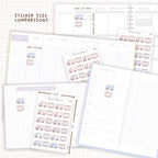Sticker size comparisons against existing different sized planners.