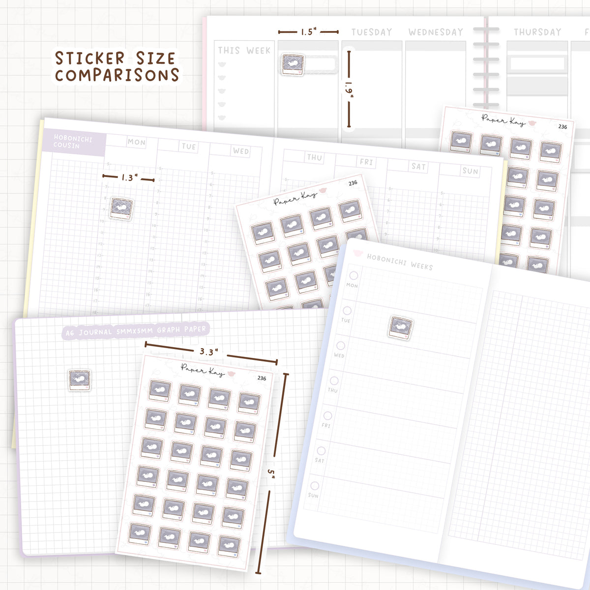Sticker size comparisons against existing different sized planners.