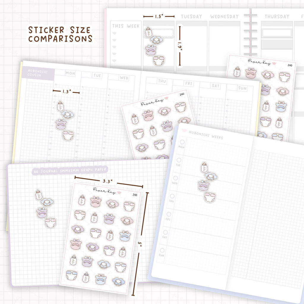 Sticker size comparisons against existing different sized planners.
