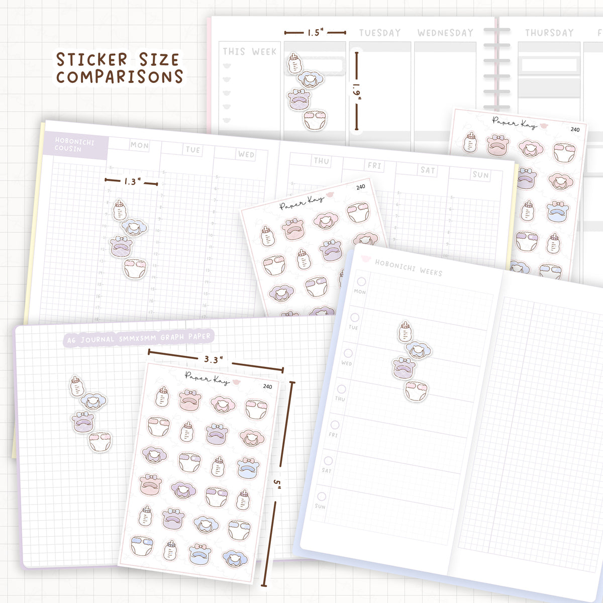 Sticker size comparisons against existing different sized planners.