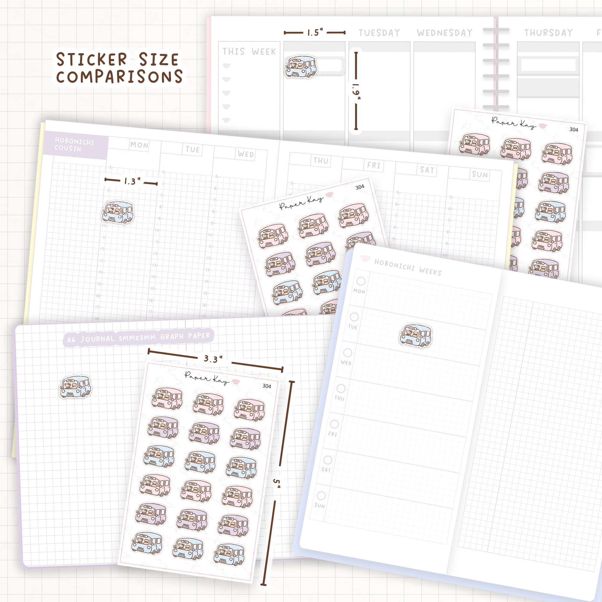 Sticker size comparisons against existing different sized planners.