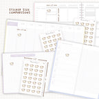 Sticker size comparisons against existing different sized planners.