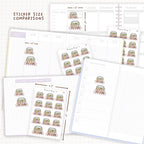 Sticker size comparisons against existing different sized planners.