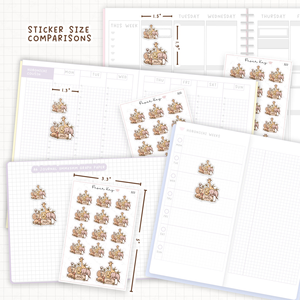 Sticker size comparisons against existing different sized planners.
