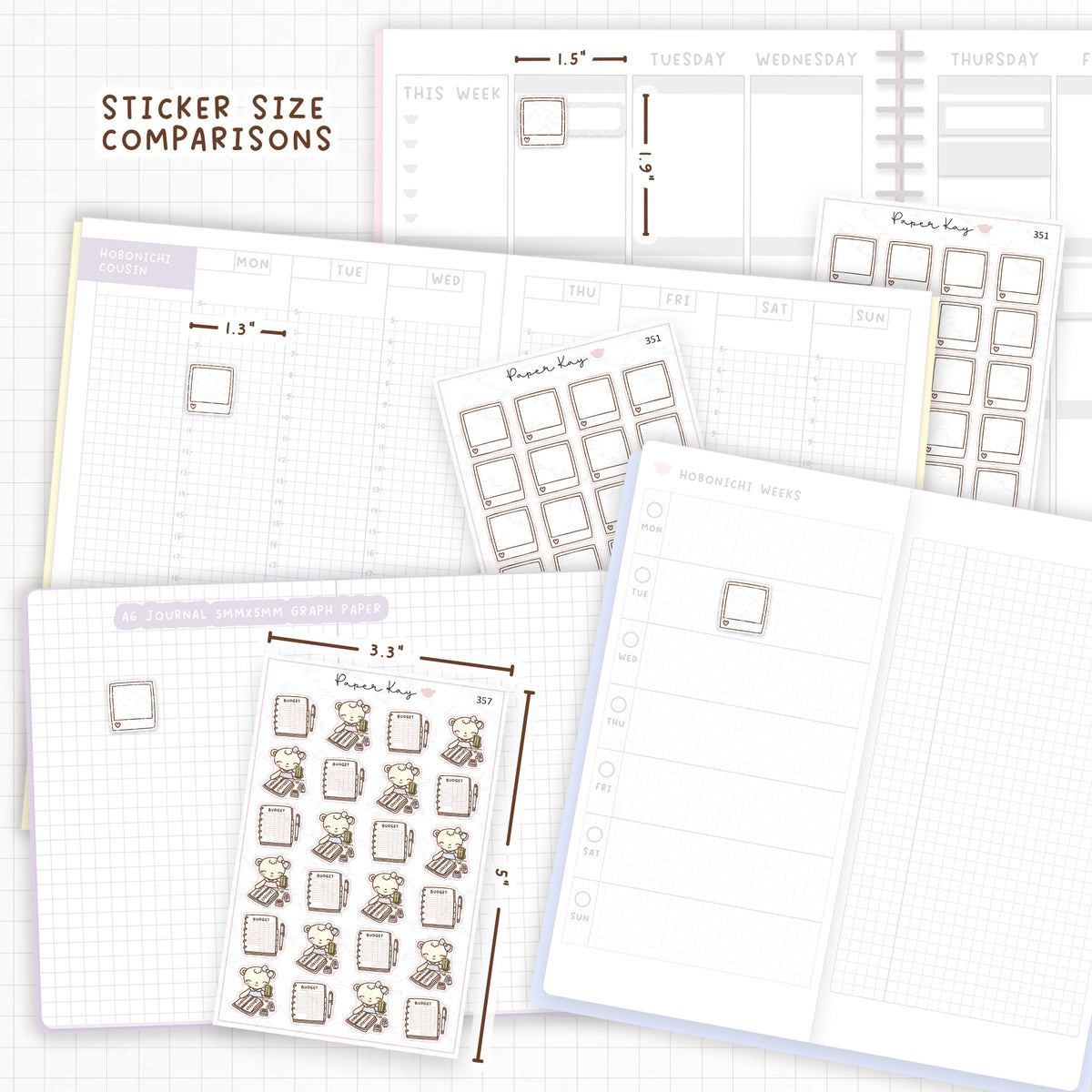 Sticker size comparisons against existing different sized planners.
