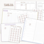 Sticker size comparisons against existing different sized planners.