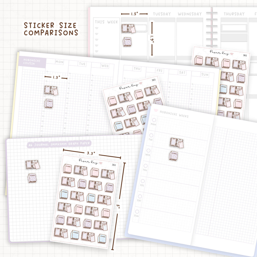 Sticker size comparisons against existing different sized planners.