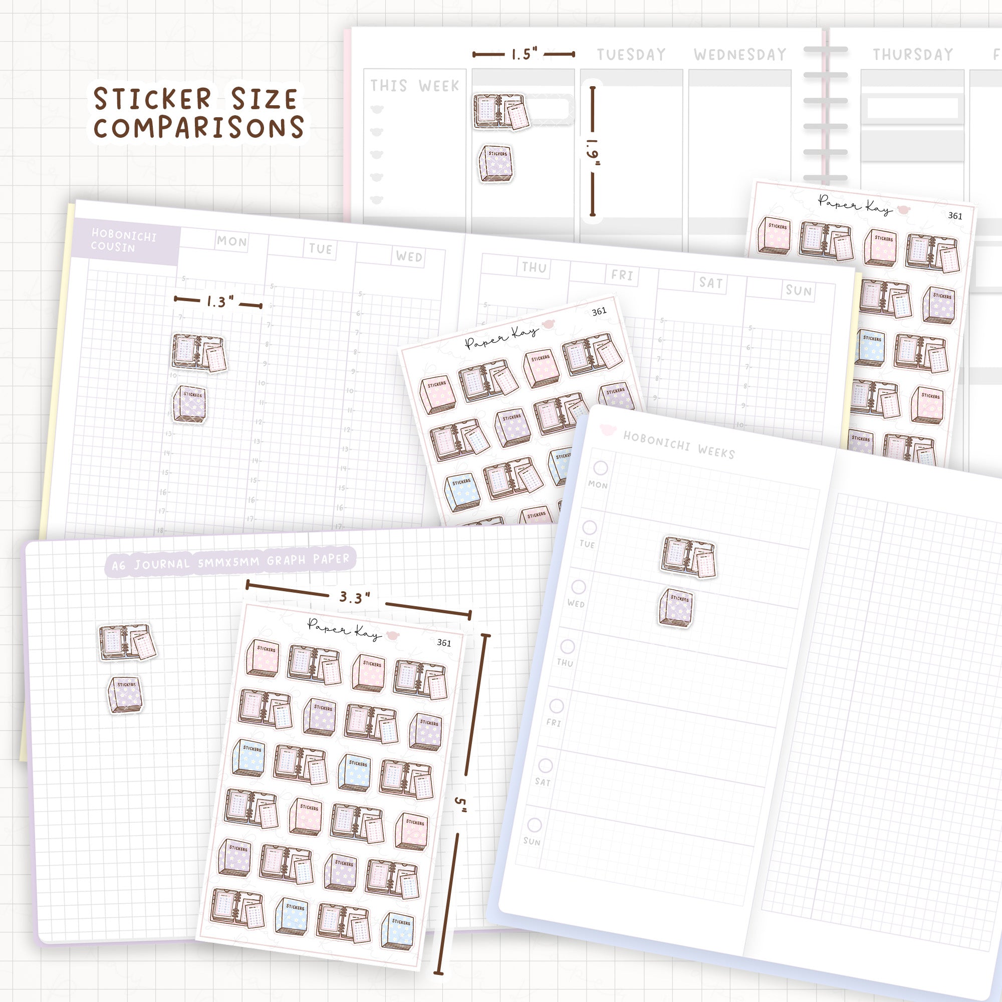Sticker size comparisons against existing different sized planners.
