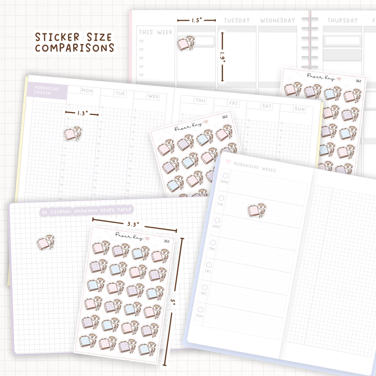 Sticker size comparisons against existing different sized planners.