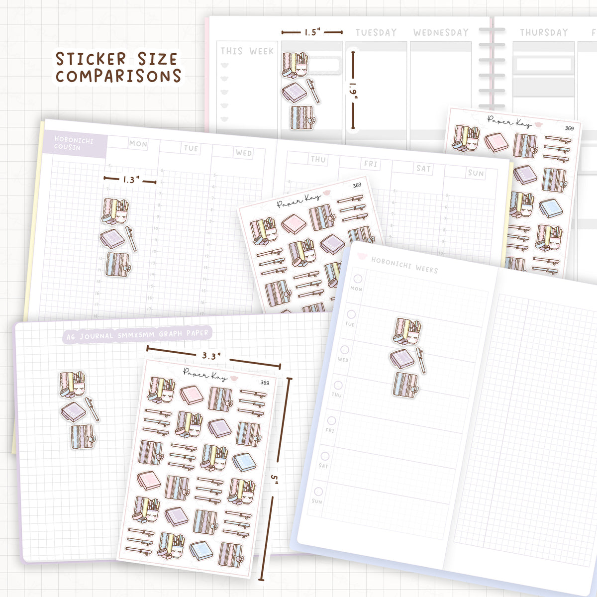 Sticker size comparisons against existing different sized planners.