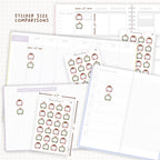 Sticker size comparisons against existing different sized planners.