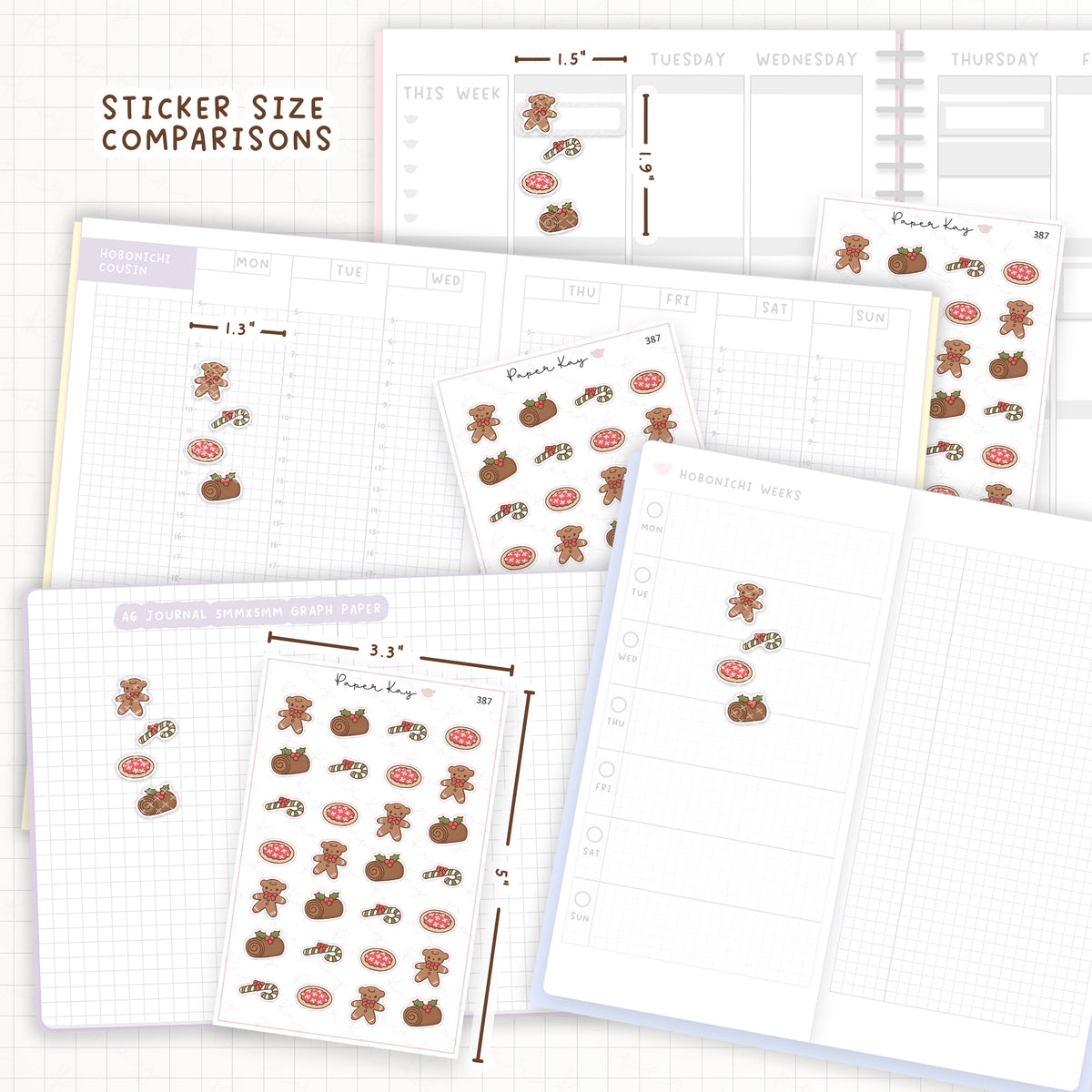 Sticker size comparisons against existing different sized planners.