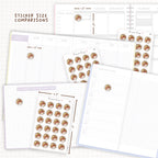 Sticker size comparisons against existing different sized planners.