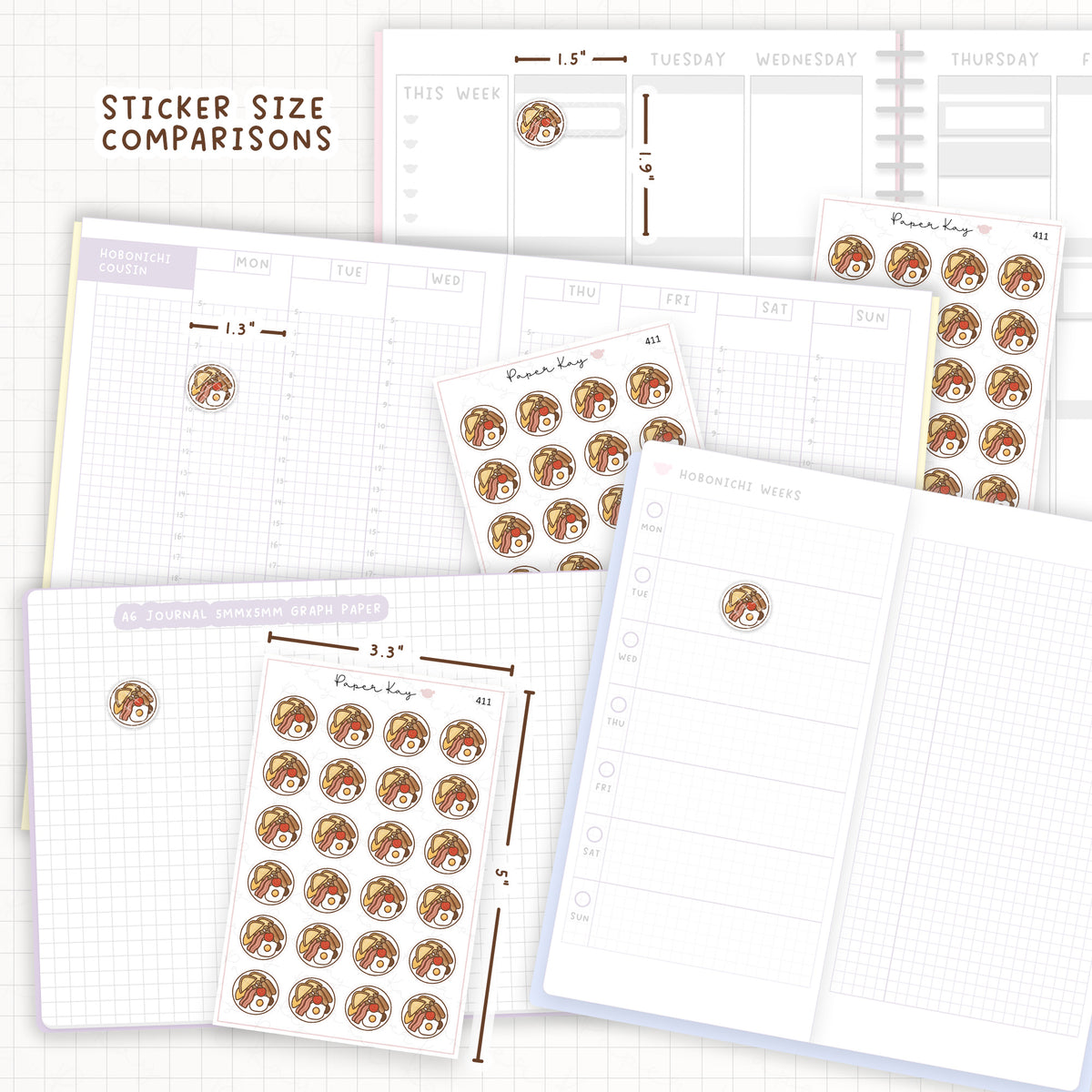 Sticker size comparisons against existing different sized planners.