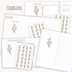 Sticker size comparisons against existing different sized planners.