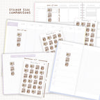 Sticker size comparisons against existing different sized planners.
