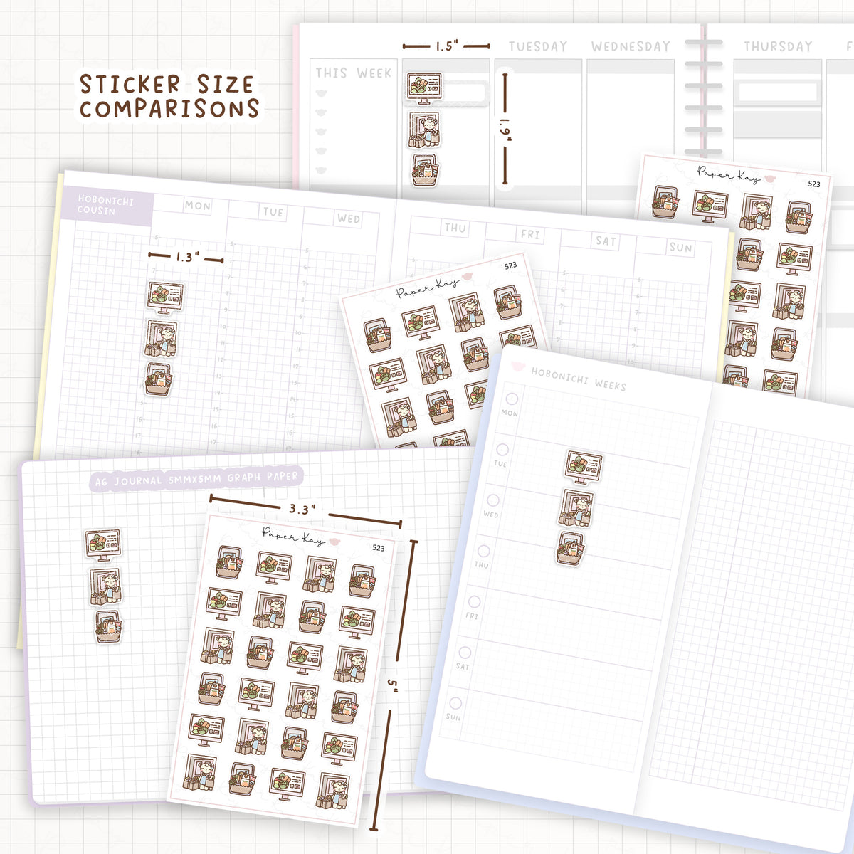 Sticker size comparisons against existing different sized planners.