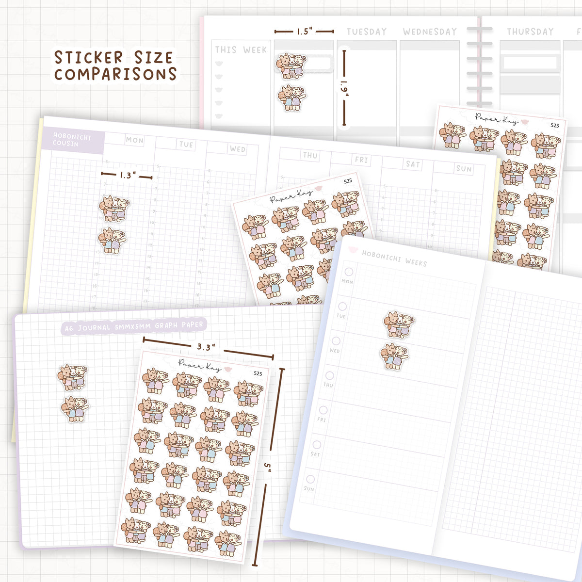 Sticker size comparisons against existing different sized planners.