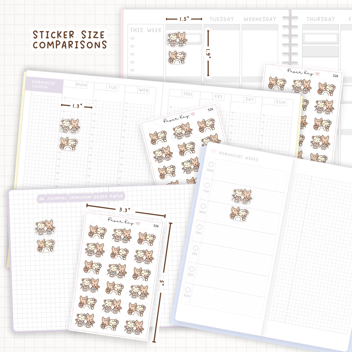 Sticker size comparisons against existing different sized planners.