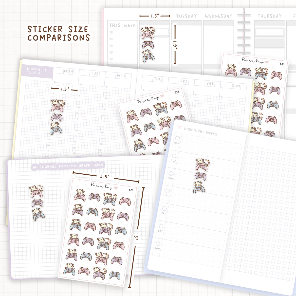 Sticker size comparisons against existing different sized planners.