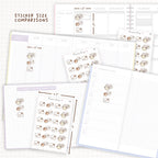 Sticker size comparisons against existing different sized planners.