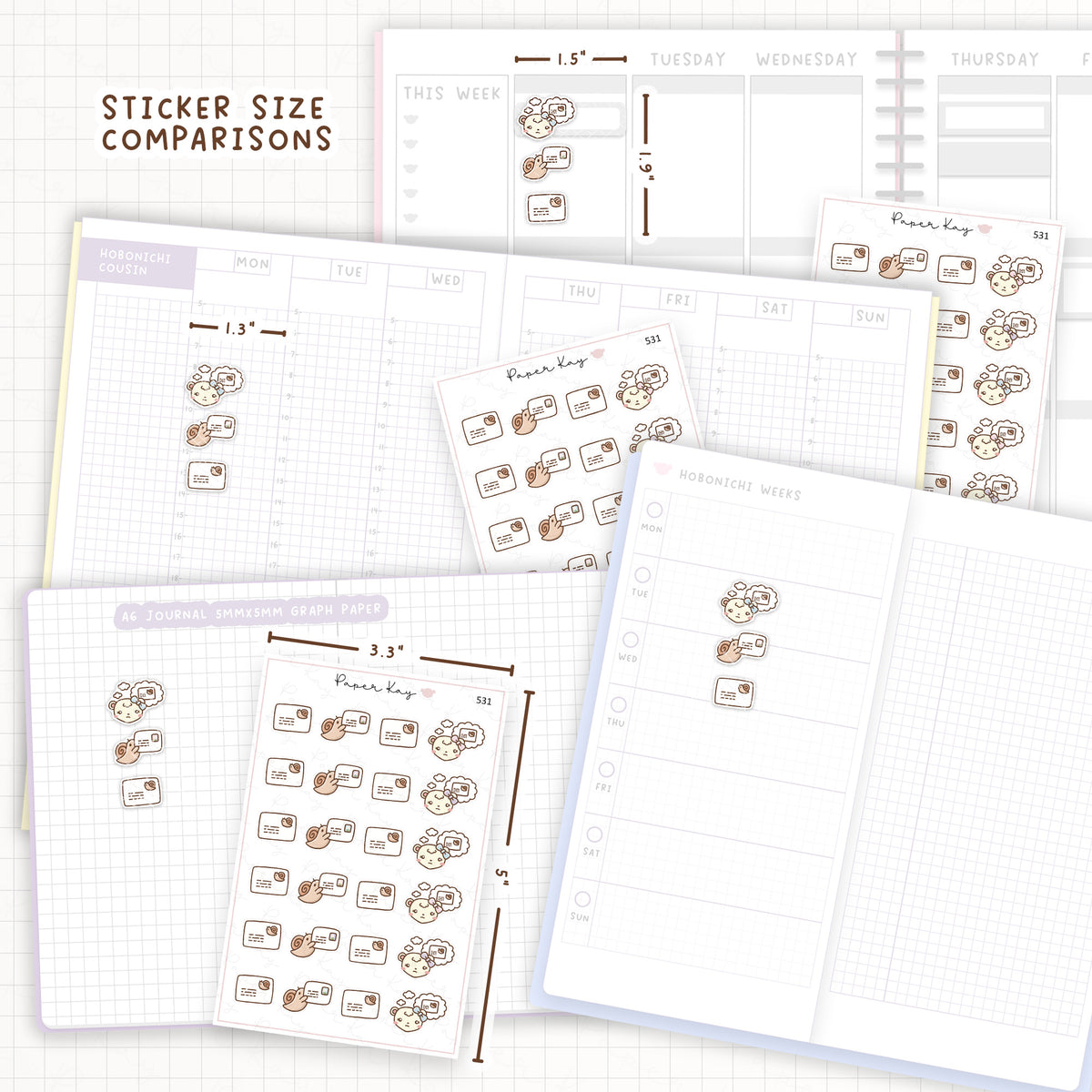Sticker size comparisons against existing different sized planners.