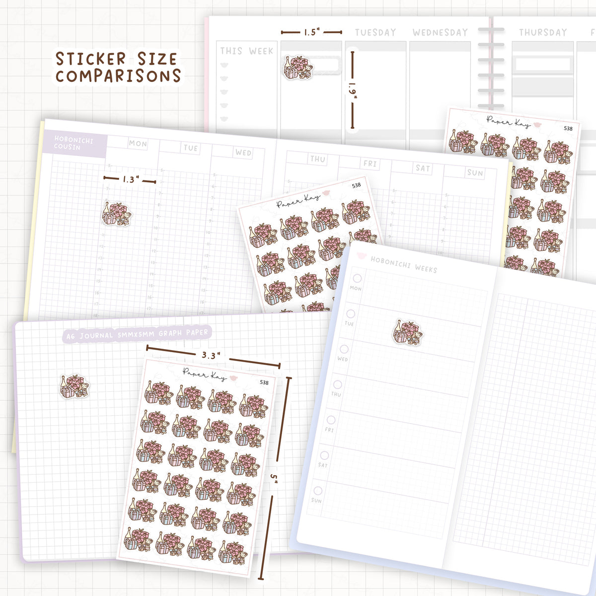 Sticker size comparisons against existing different sized planners.
