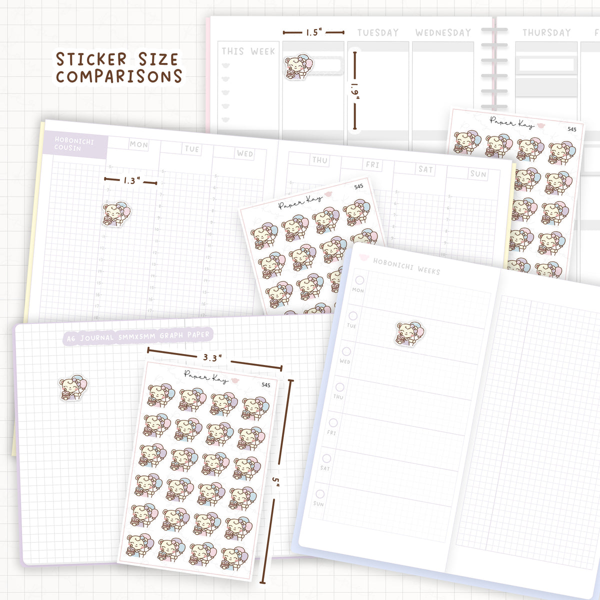Sticker size comparisons against existing different sized planners.