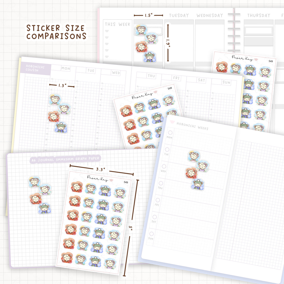 Sticker size comparisons against existing different sized planners.