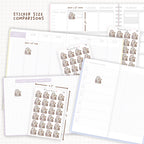 Sticker size comparisons against existing different sized planners.