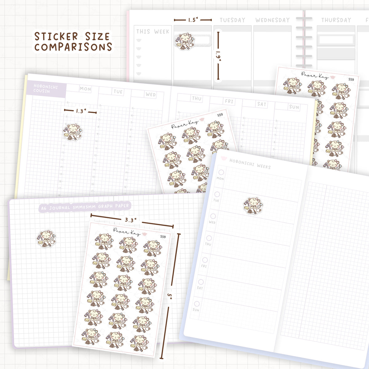 Sticker size comparisons against existing different sized planners.
