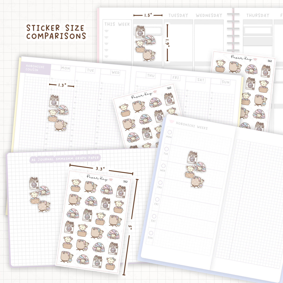 Sticker size comparisons against existing different sized planners.