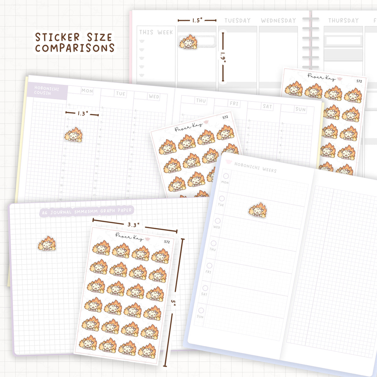 Sticker size comparisons against existing different sized planners.