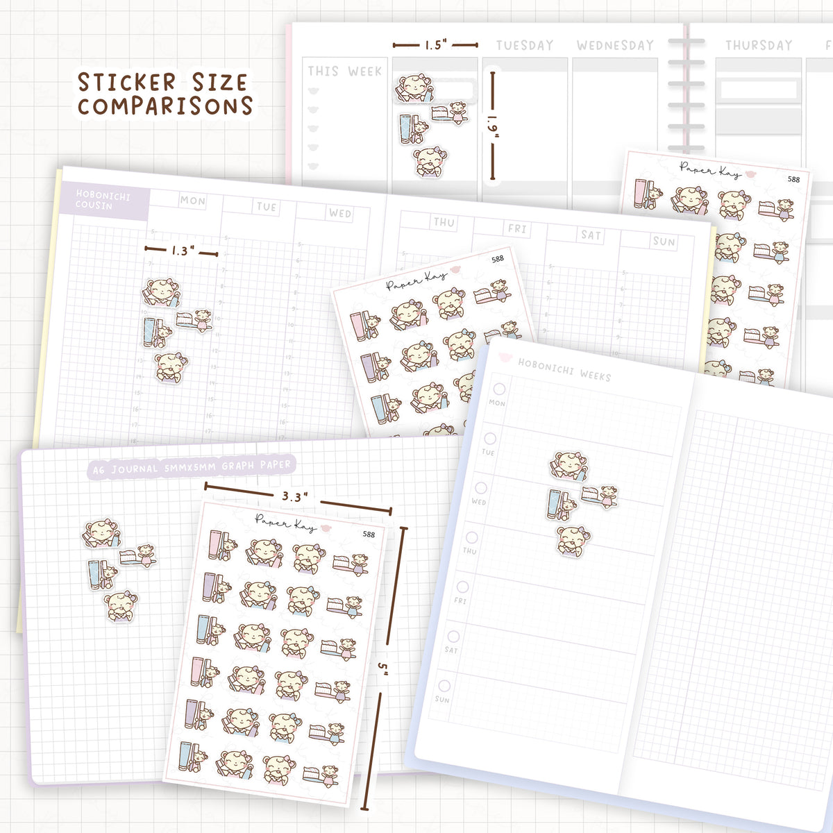 Sticker size comparisons against existing different sized planners.