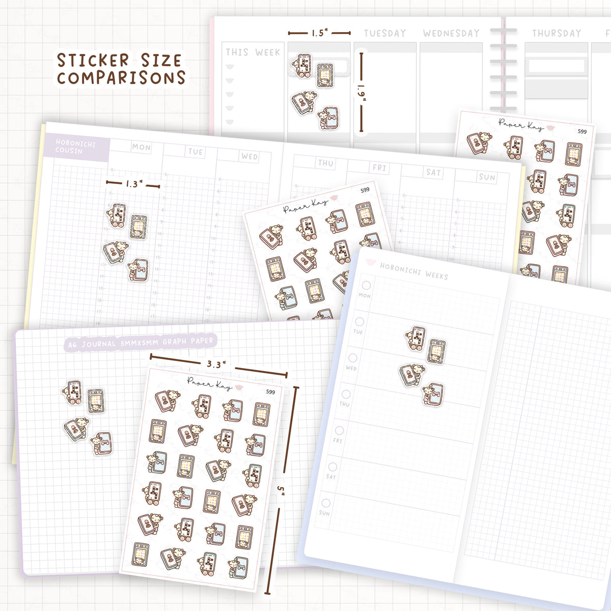 Sticker size comparisons against existing different sized planners.