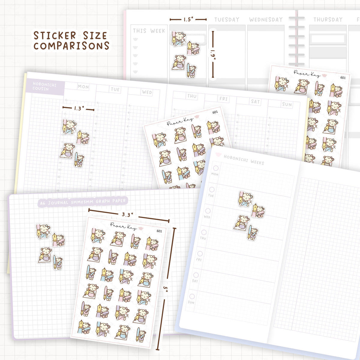 Sticker size comparisons against existing different sized planners.