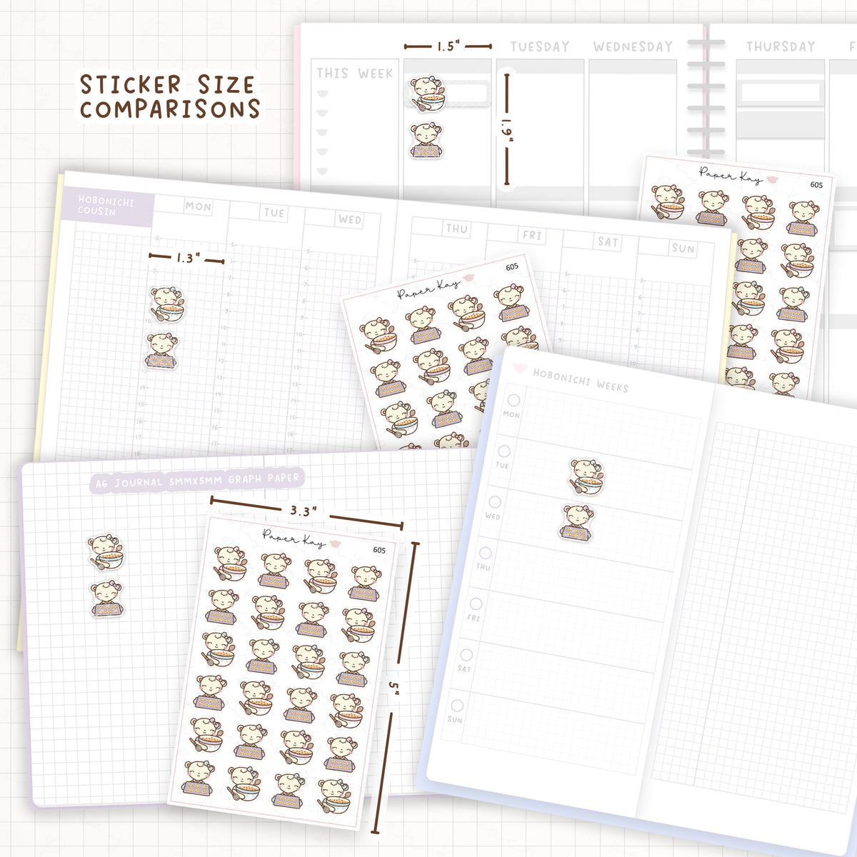 Sticker size comparisons against existing different sized planners.