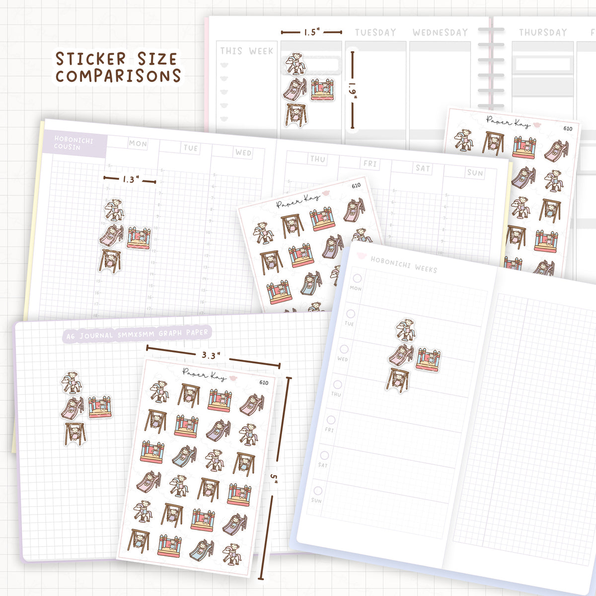 Sticker size comparisons against existing different sized planners.