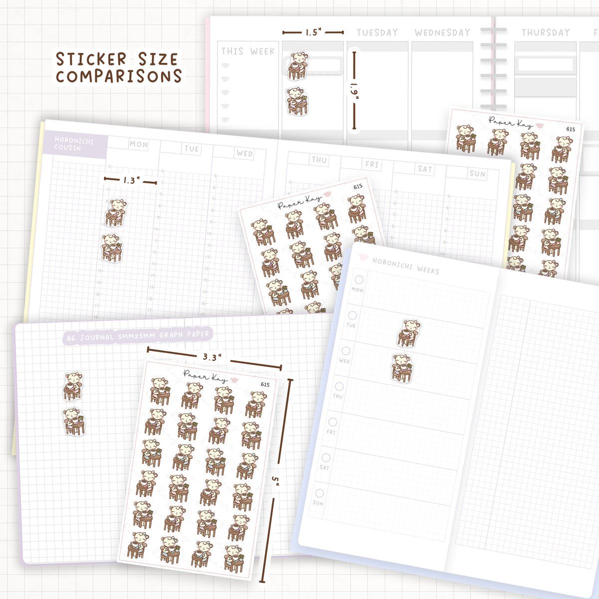 Sticker size comparisons against existing different sized planners.