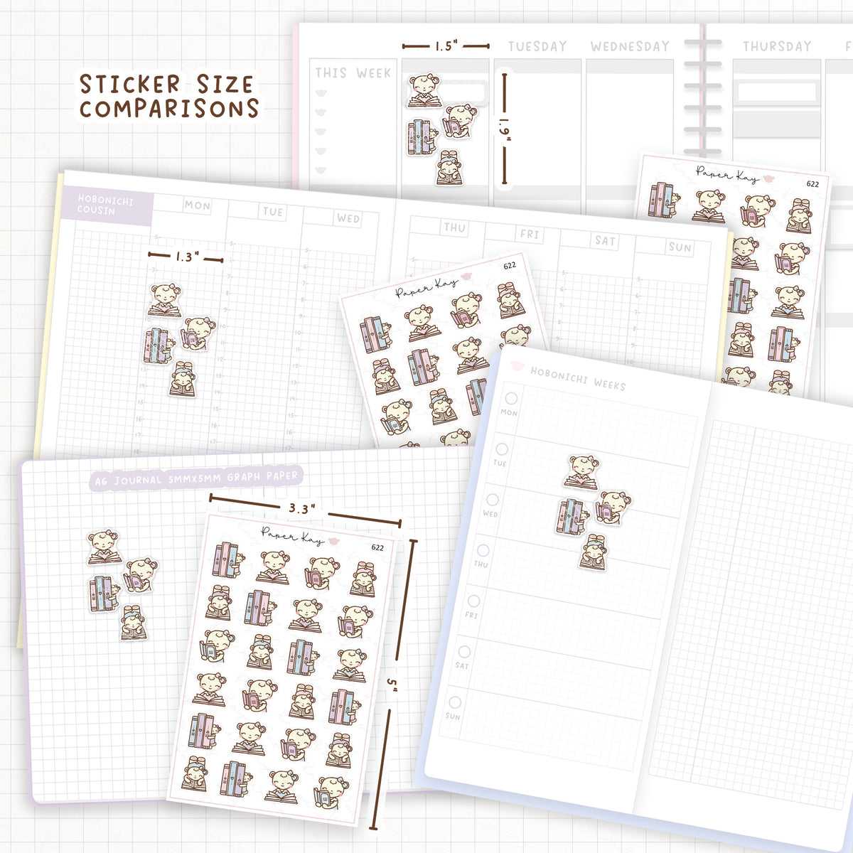 Sticker size comparisons against existing different sized planners.