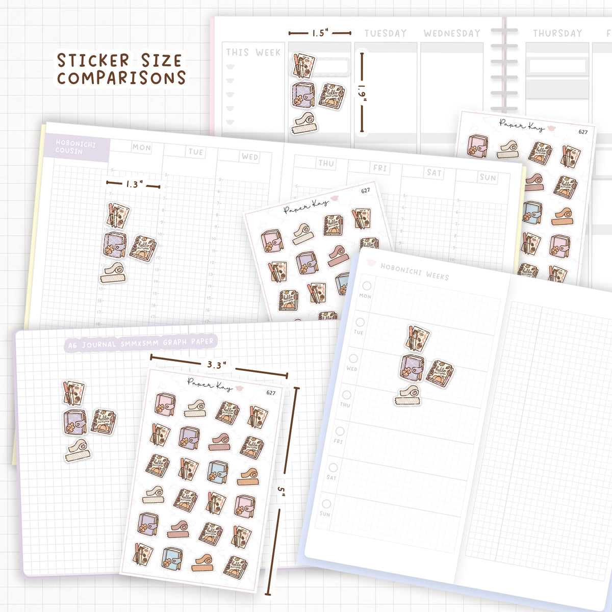 Sticker size comparisons against existing different sized planners.