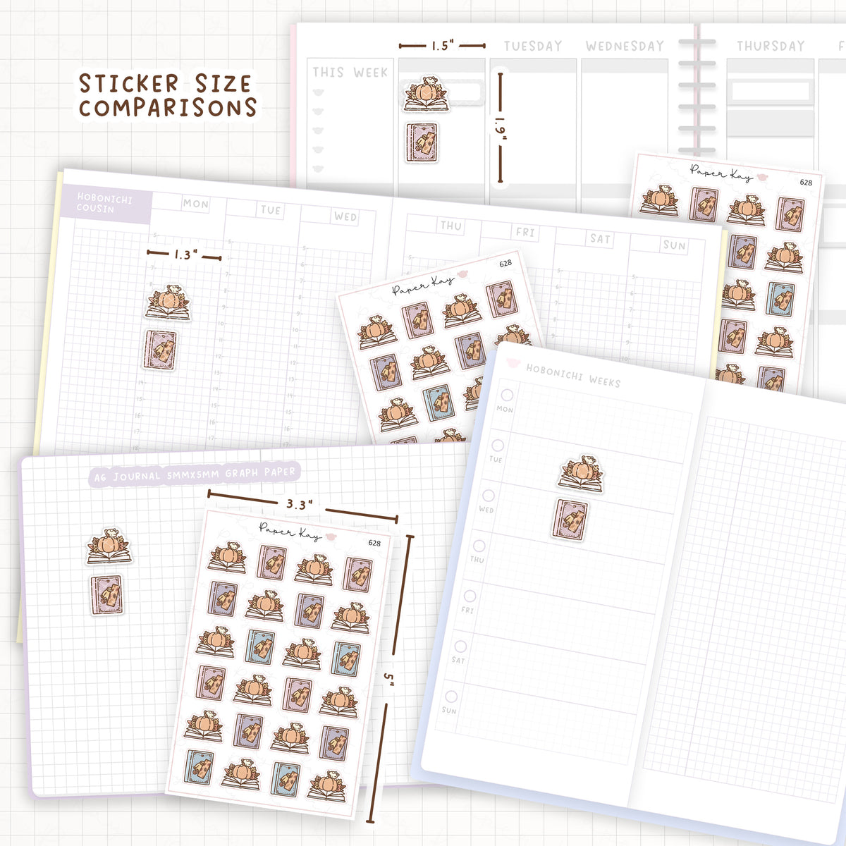 Sticker size comparisons against existing different sized planners.
