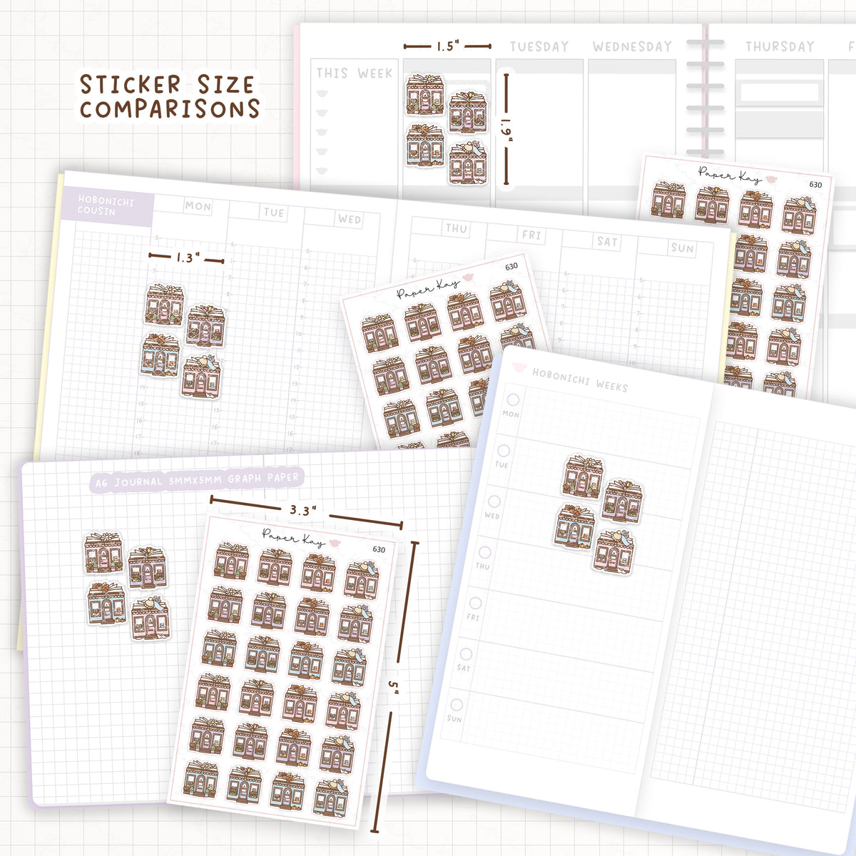 Sticker size comparisons against existing different sized planners.
